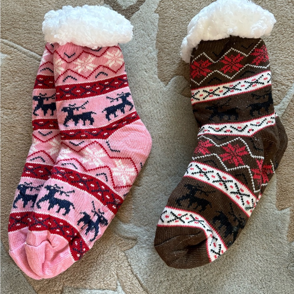 Cozy Pink and Brown Reindeer Socks